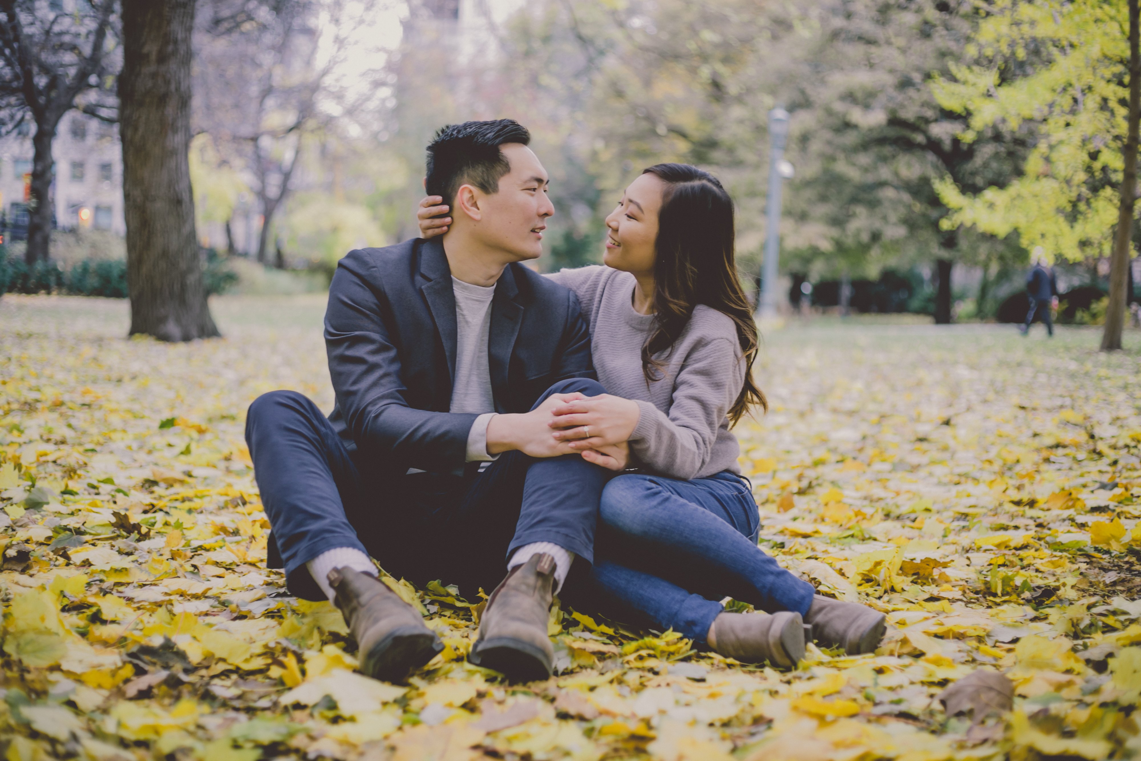 Engagement Photography Session in Downtown Toronto, field of yellow autmn leaves, Toronto in the fall