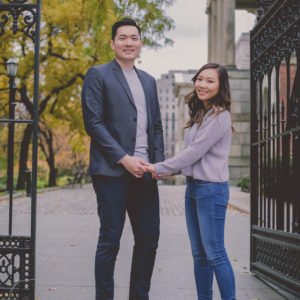 Engagement Photo Session in downtown Toronto, with Liane and Victor, photographed by Olive Studio Photography with Liane and Victor holding hands outside Osgoode Hall.
