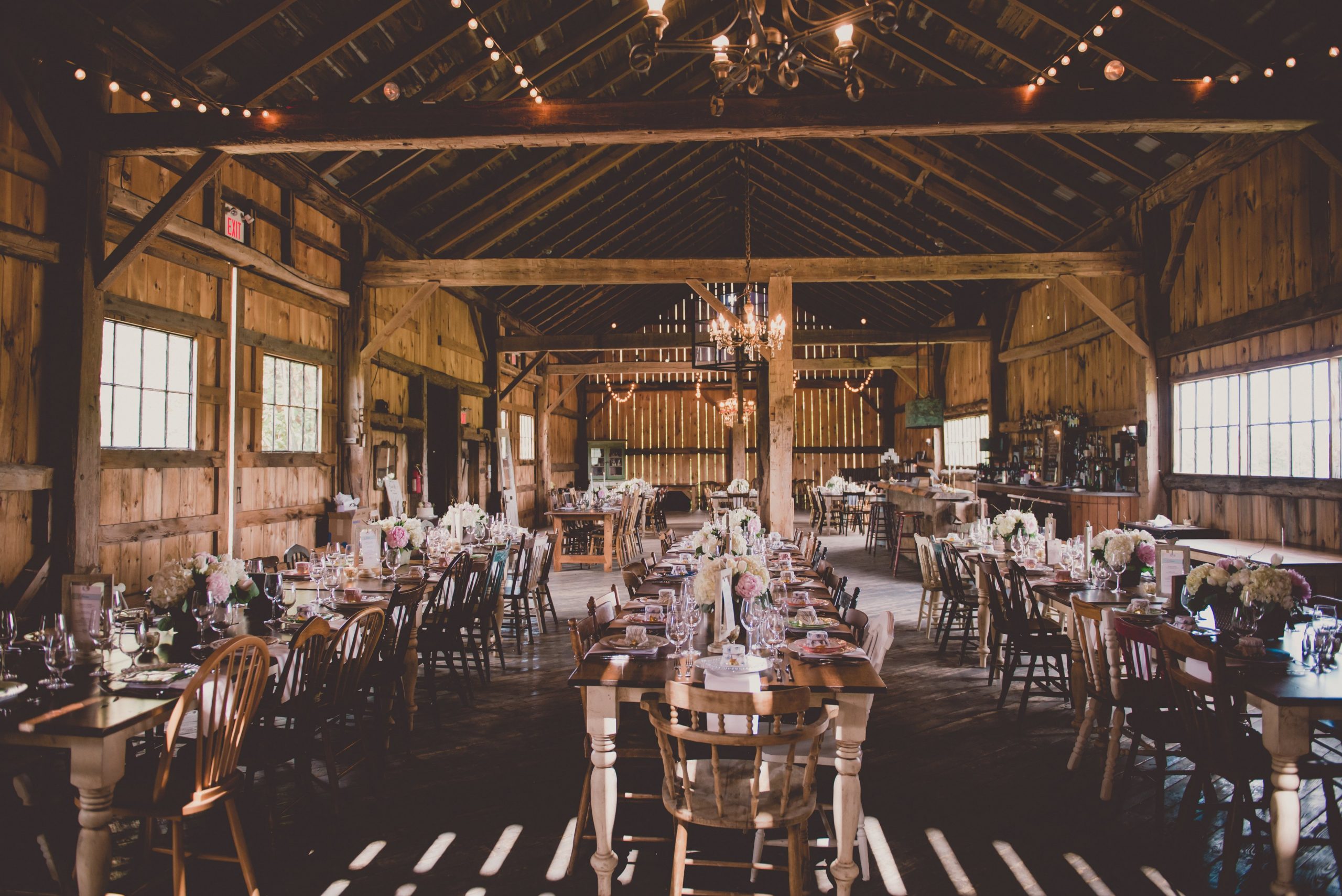 barn wedding reception with vintage furnishings