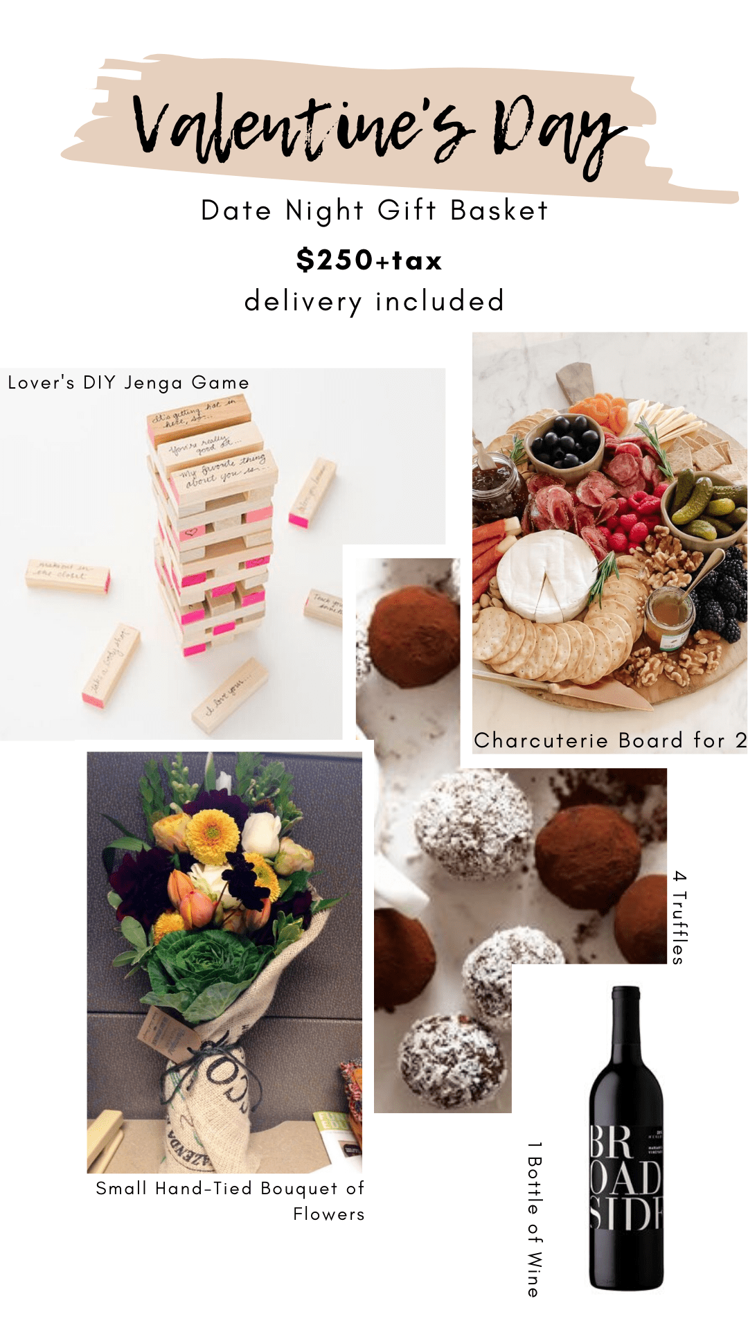an ad for Valentine's Day gift baskets with a photo of a jenga game, charcuterie board, bottle of wine, truffles and bouquet of flowers