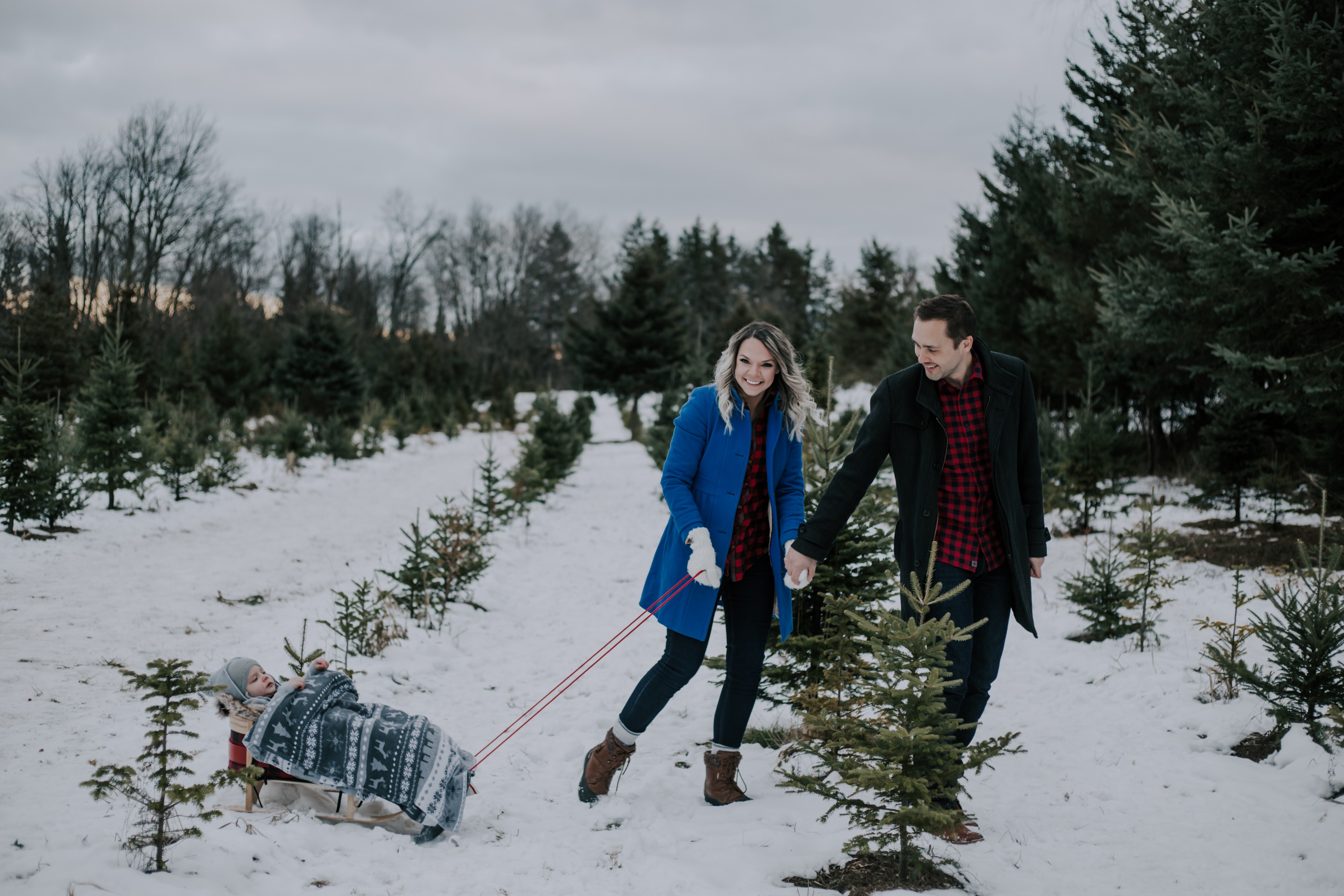 a man leads a woman and the woman pulls a toddler in a wooden sled