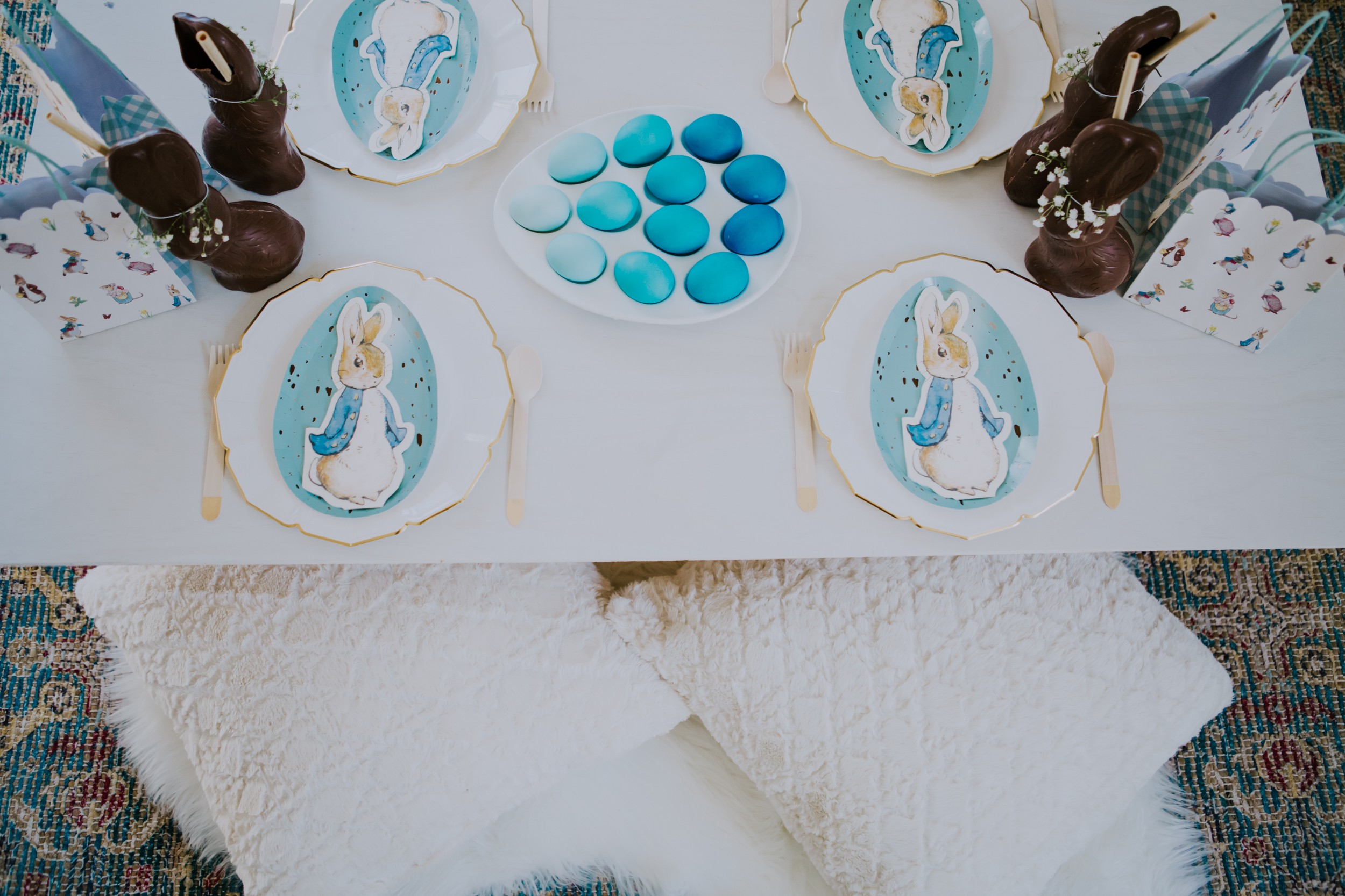 Easter peter rabbit tablescape in blues and whites